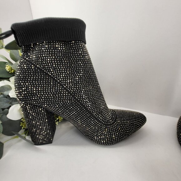 Black & Gold Rhinestone Sock Boots - Womens High Heel Stretch Ankle Boots 8.5 M - Picture 2 of 12